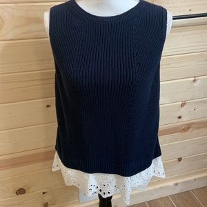 Loft Blue Knit Sweater with Cotton Lace Trim